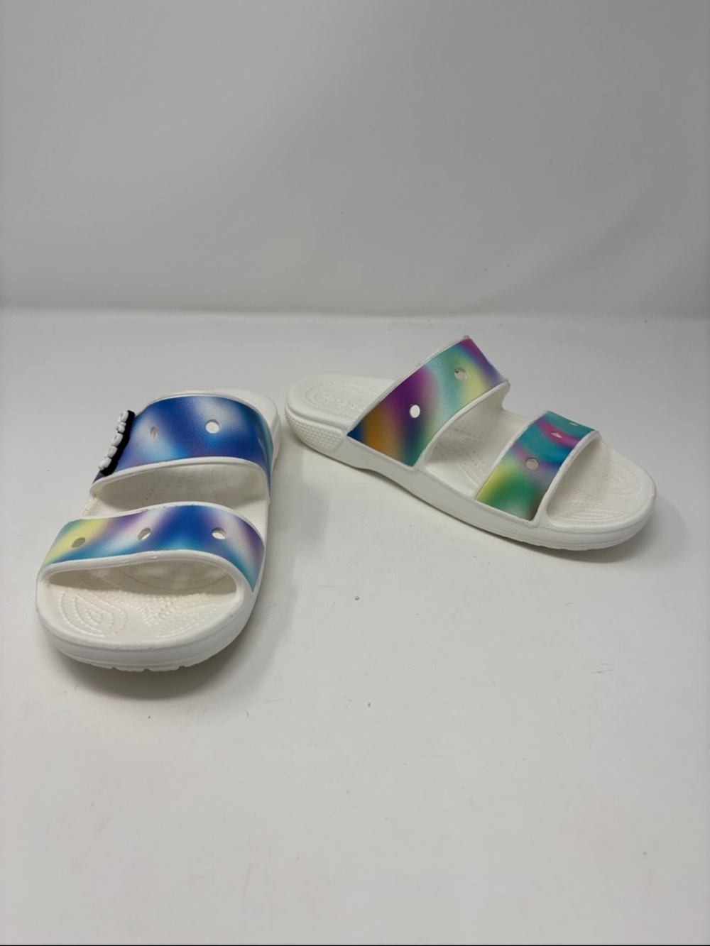 Crocs | 7 White Slide Sandals with Rainbow Iridescent Straps